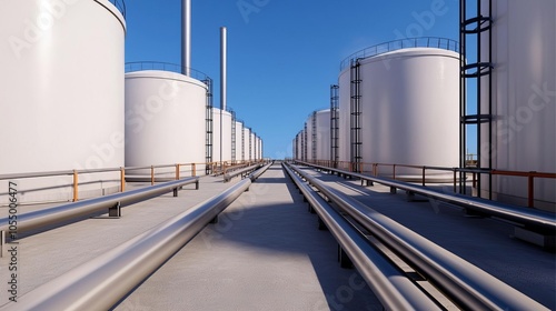 Modern industrial facility showcasing large storage tanks and pipelines, set against a clear blue sky, depicting the essence of energy production.