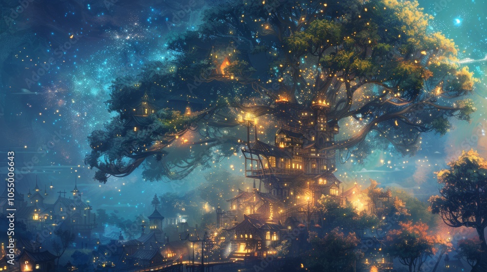 Fototapeta premium Enchanting Treehouse Village Under Starry Night Sky