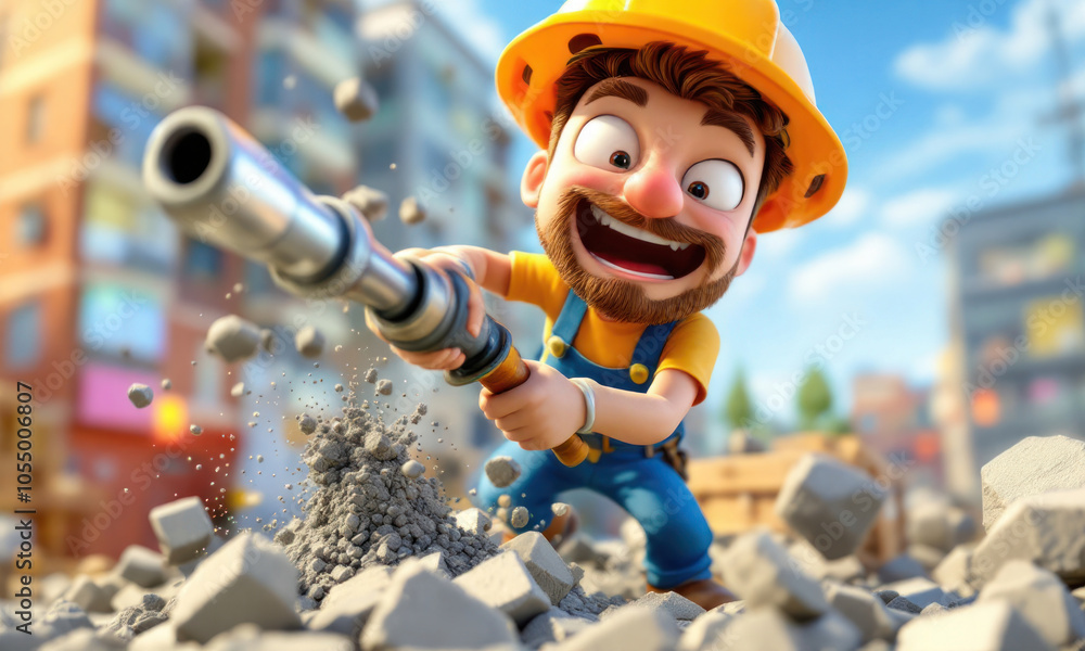 Cartoon Construction Worker Demolishing Concrete Cartoon Construction Worker Demolishing Concrete