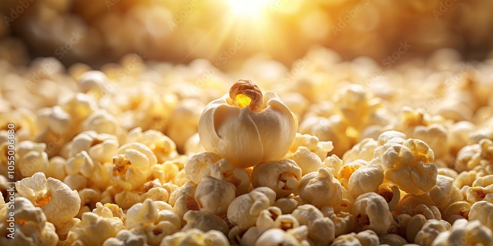 A Golden Glow Illuminates a Single Popcorn Kernel Centered in a Dense Field of Fluffy Kernels, Creating a Dramatic and Textured Visual. A Golden Glow Illuminates a Single Popcorn Kernel Centered in a Dense Field of Fluffy Kernels, Creating a Dramatic and Textured Visual.