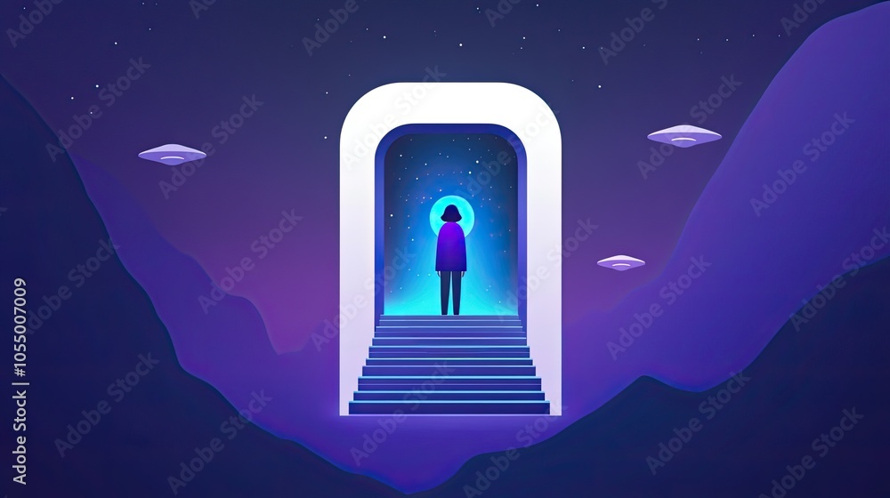 Stairs Leading to Light with Reaching Arms, Space Door, and Flying Saucers on a Blue-Purple Gradient Background in Minimalistic Design Stairs Leading to Light with Reaching Arms, Space Door, and Flying Saucers on a Blue-Purple Gradient Background in Minimalistic Design