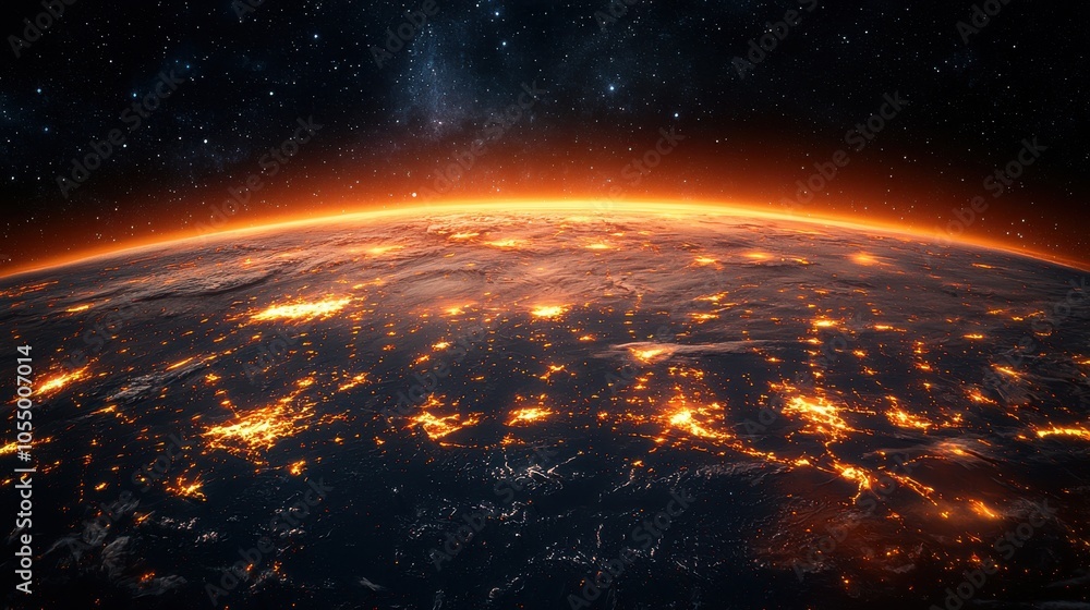 A stunning view of Earth from space showcases glowing city lights and atmospheric details at twilight over the planet's horizon A stunning view of Earth from space showcases glowing city lights and atmospheric details at twilight over the planet's horizon