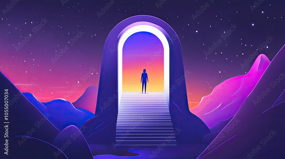 Stairs Leading to Light with Reaching Arms, Space Door, and Flying Saucers on a Blue-Purple Gradient Background in Minimalistic Design Stairs Leading to Light with Reaching Arms, Space Door, and Flying Saucers on a Blue-Purple Gradient Background in Minimalistic Design