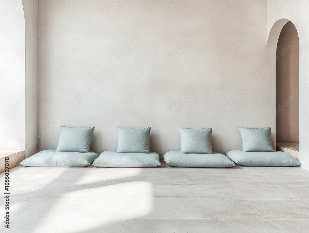 Minimalist indoor seating arrangement with soft cushions in a serene sunlight-filled space Minimalist indoor seating arrangement with soft cushions in a serene sunlight-filled space