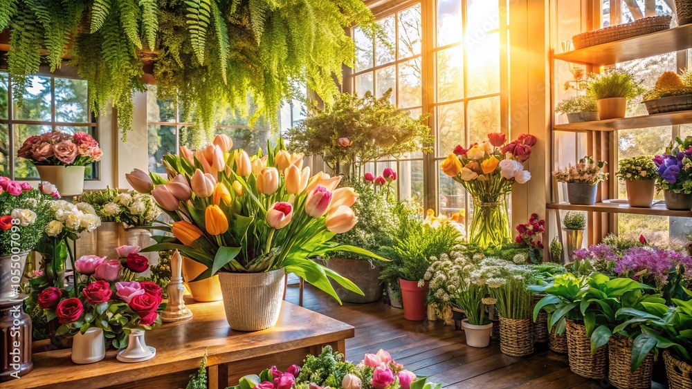 A Sunlit Room Filled with the Beauty of Blooming Flowers, Arranged in Baskets and Vases, Creating a Serene Atmosphere A Sunlit Room Filled with the Beauty of Blooming Flowers, Arranged in Baskets and Vases, Creating a Serene Atmosphere
