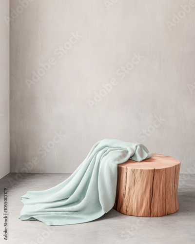 Cozy blue blanket draped over a wooden stool in a minimalist indoor setting