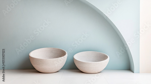 Modern ceramic bowls displayed on a pastel-colored wall in a minimalist interior setting