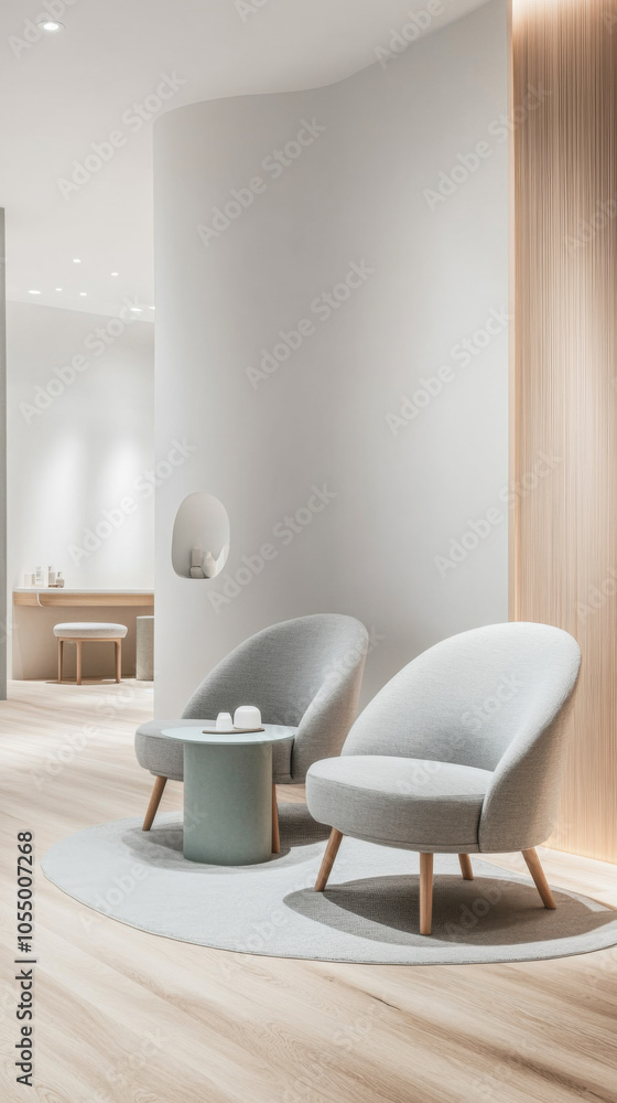 Fototapeta premium Modern interior design featuring stylish gray chairs and a minimalist table in a bright space