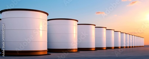 Oil storage tanks reflecting sunlight, wide open space, simple yet striking symmetry, vibrant blue sky, clean lines, perfect contrast of white tanks and earth tones photo