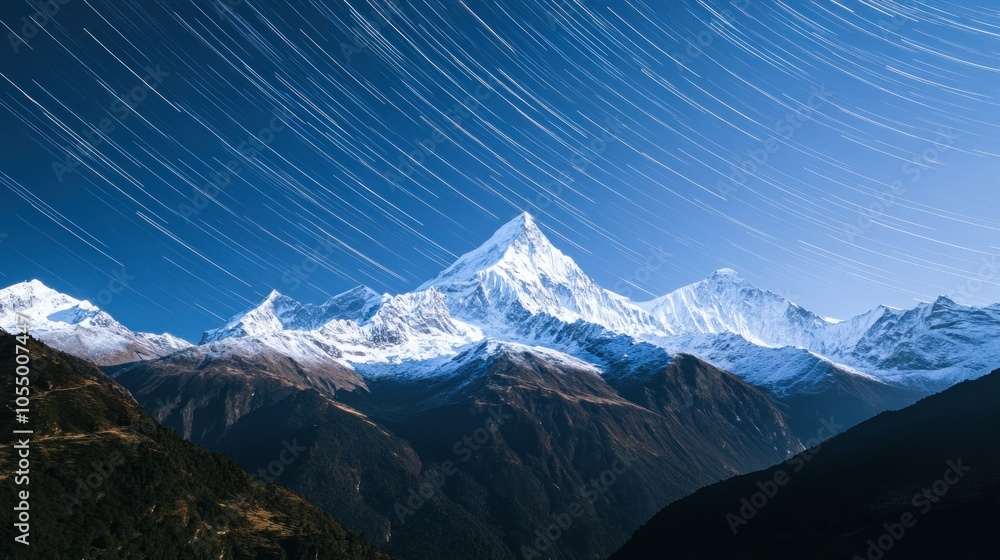 Obraz premium Star Trails Over Snowy Mountains