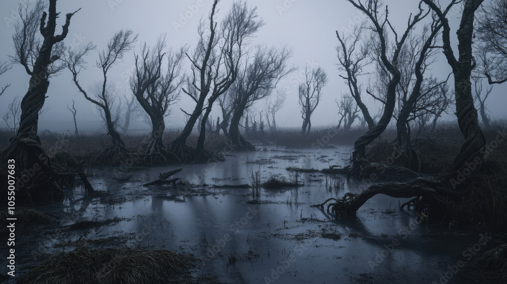 Eerie Foggy Swamp with Twisted Trees Eerie Foggy Swamp with Twisted Trees