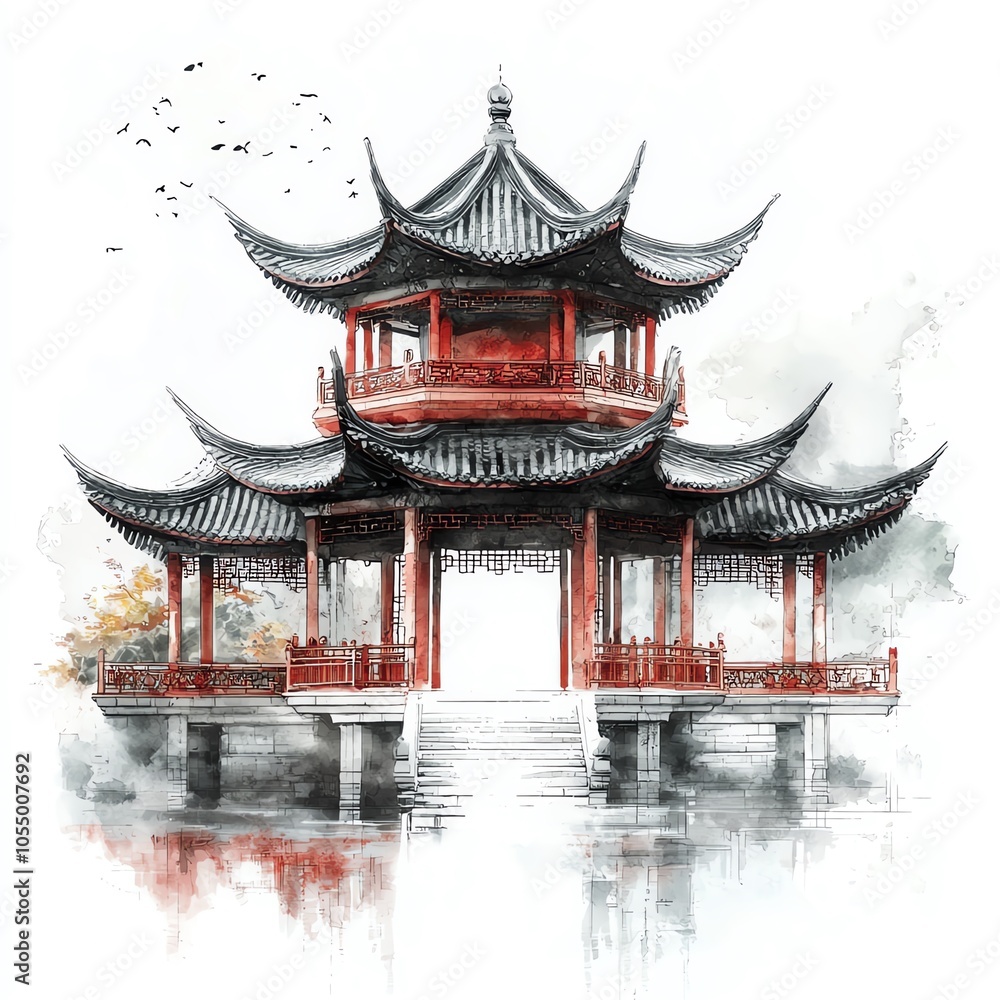 Obraz premium Traditional Asian pavilion with intricate roof design, surrounded by tranquil waters and minimal background.