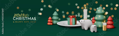 Christmas and New Year Festive banner realistic 3d objects cartoon polar bears, green cone-shaped Christmas trees, a white plate with a gift box and burning candles in background. Vector illustration