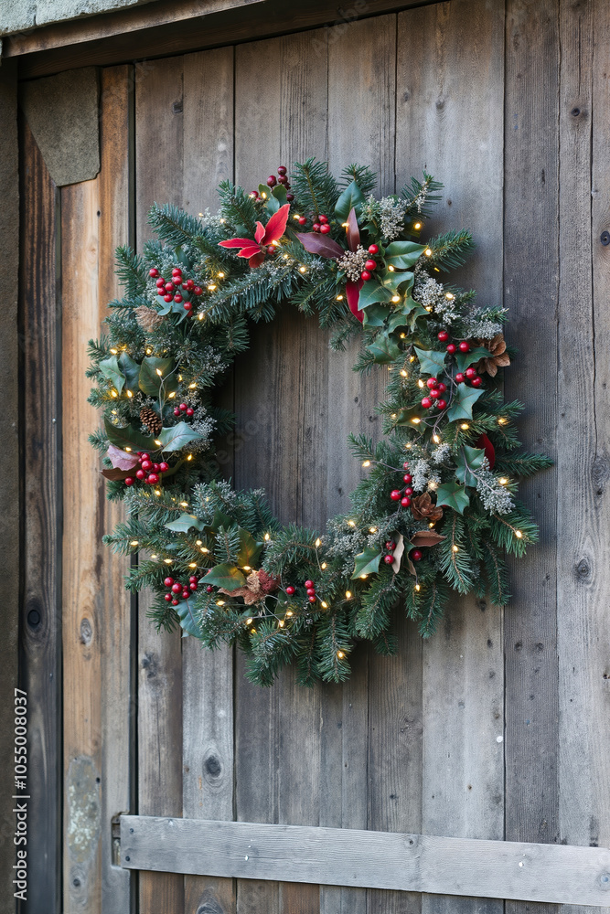 A wreath with red berries and greenery hanging on a wooden door A wreath with red berries and greenery hanging on a wooden door