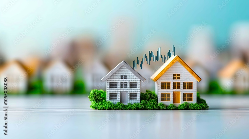custom made wallpaper toronto digitalInvestment market in real estate concept, A vibrant image of miniature houses on a green base, symbolizing real estate growth and investment trends.