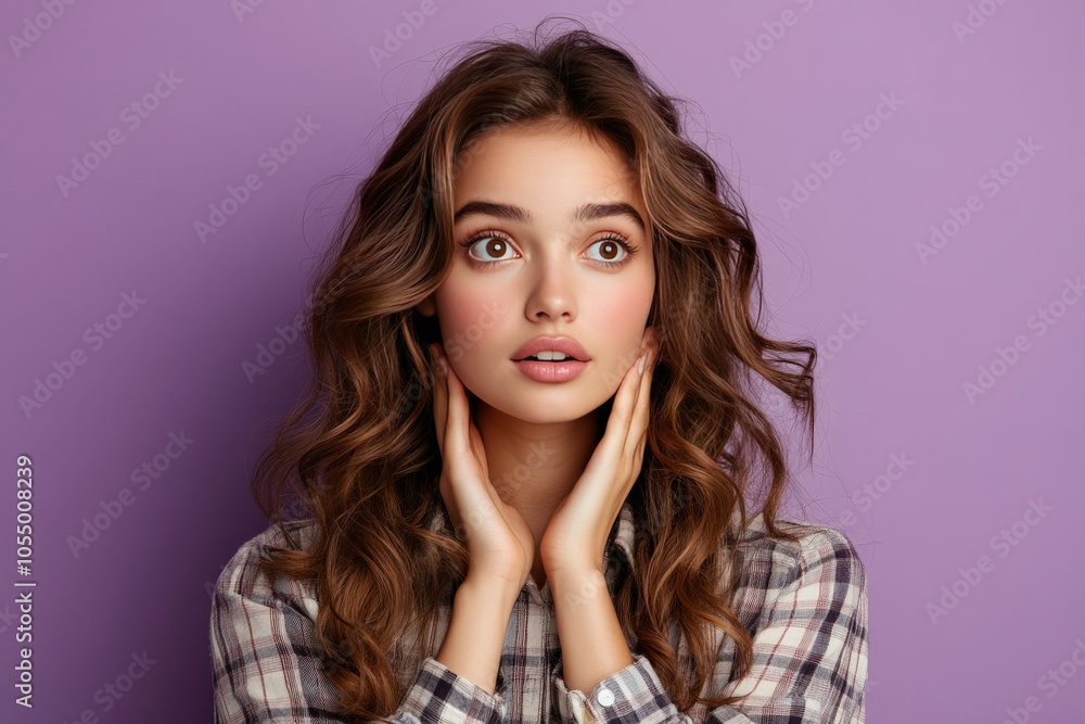 A young woman with long hair appears thoughtful and curious, highlighted by a purple backdrop. Her expression conveys contemplation and introspection, hinting at creativity. A young woman with long hair appears thoughtful and curious, highlighted by a purple backdrop. Her expression conveys contemplation and introspection, hinting at creativity.