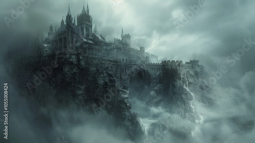 Mystical Castle Perched on a Clifftop Amidst Fog and Waterfall