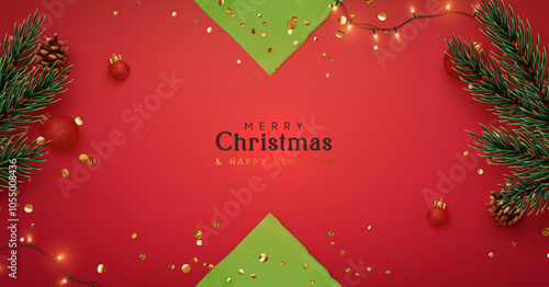 Christmas and New Year Festive red background. Xmas realistic 3d decoration design, fir branches, red ornament, golden confetti, garland light, green paper napkins. Holiday border. Vector illustration