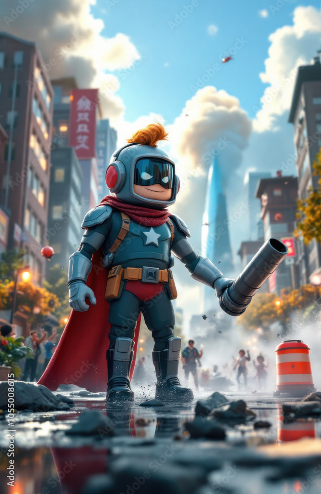 Superhero in City with Red Cape Superhero in City with Red Cape