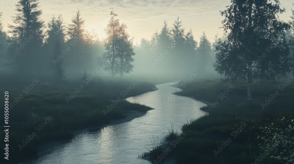 soft light breaking through the fog, creating a tranquil and mysterious atmosphere soft light breaking through the fog, creating a tranquil and mysterious atmosphere