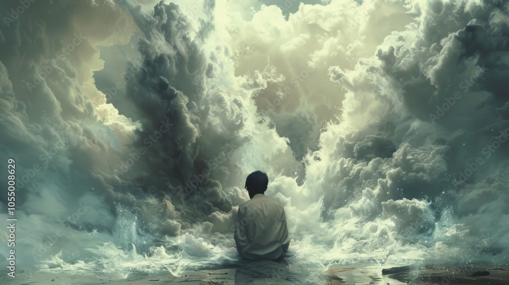 Man Contemplating Dramatic Sky Clouds and Waves Surreal Art Photography