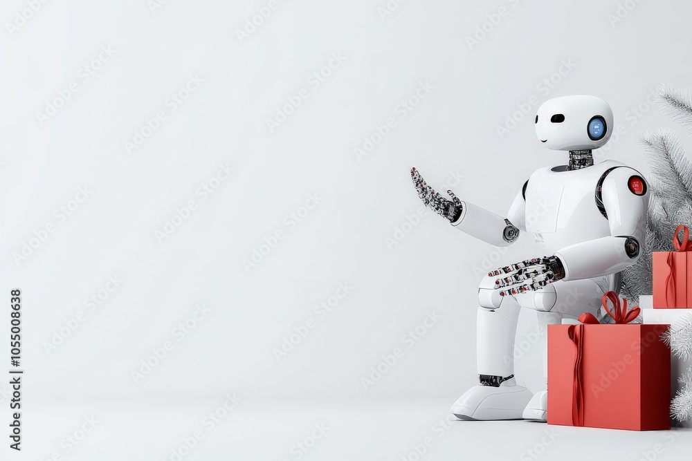 A humanoid robot sits beside red gifts, surrounded by silver decorative elements. The minimalist white background adds a futuristic touch to the composition.