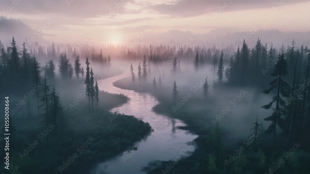 A misty river winding through a quiet forest at dawn, soft light breaking through the fog A misty river winding through a quiet forest at dawn, soft light breaking through the fog