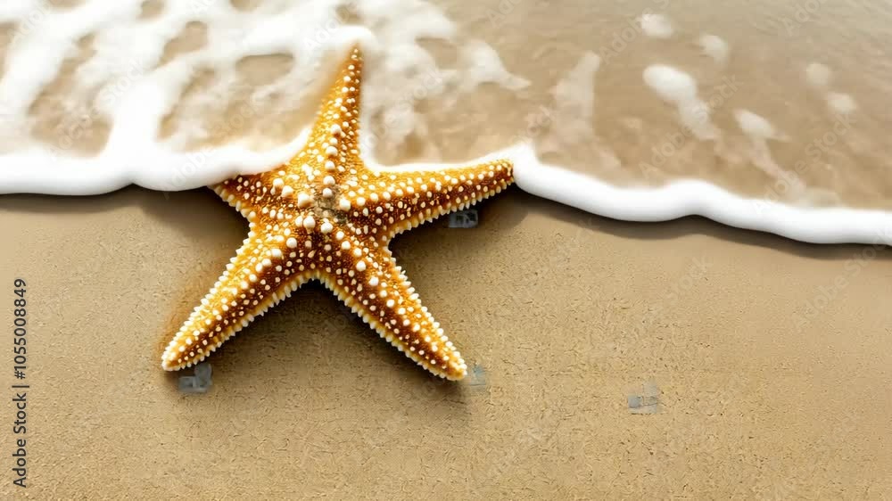 A starfish sits on the sandy beach as the waves lap at the shore A starfish sits on the sandy beach as the waves lap at the shore