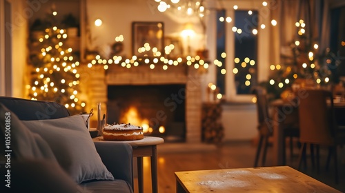 A cozy living room decorated for the holidays, featuring a glowing fireplace, festive lights, and a delicious cake, creating a warm, inviting atmosphere.