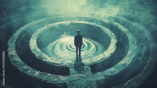 Man Standing in a Circular Maze Symbolic of Life s Challenges and Choices photo