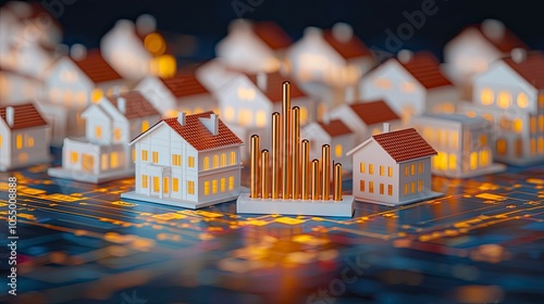 A vibrant urban model featuring miniature houses and skyscrapers, illuminated against a backdrop of colorful lights, symbolizing economic growth and development.