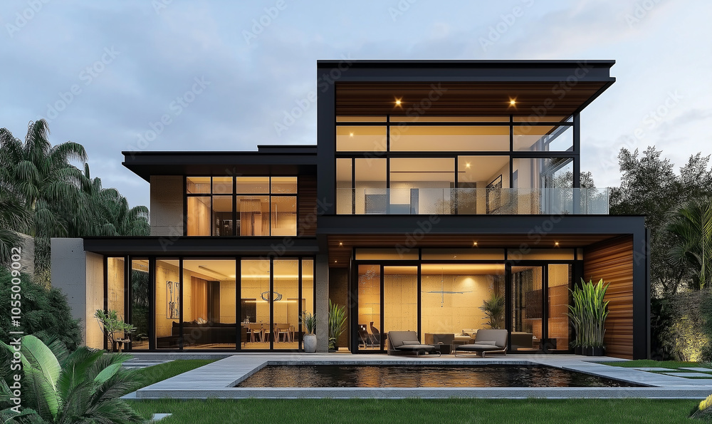 Fototapeta premium A stunning modern house with wooden slats on the facade, set against palm trees and featuring an outdoor pool. The design includes high-end interior details like black accents