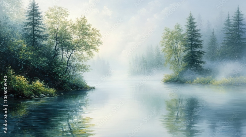 A peaceful river shrouded in morning mist, with reflections of trees on the water A peaceful river shrouded in morning mist, with reflections of trees on the water