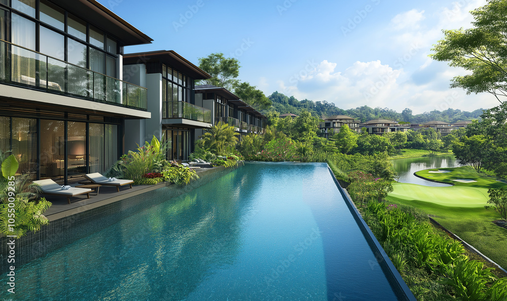A modern villa with an infinity pool, overlooking the golf course and trees, showcasing clean lines, white walls, large windows, concrete accents, greenery on one side of the swimming pool A modern villa with an infinity pool, overlooking the golf course and trees, showcasing clean lines, white walls, large windows, concrete accents, greenery on one side of the swimming pool