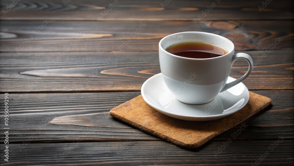 Obraz premium White cup of black tea and cork coaster on wooden table Minimalist