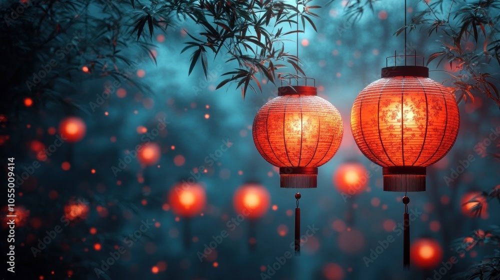 Two Red Lanterns Hanging from Branches in a Forest at Night Two Red Lanterns Hanging from Branches in a Forest at Night