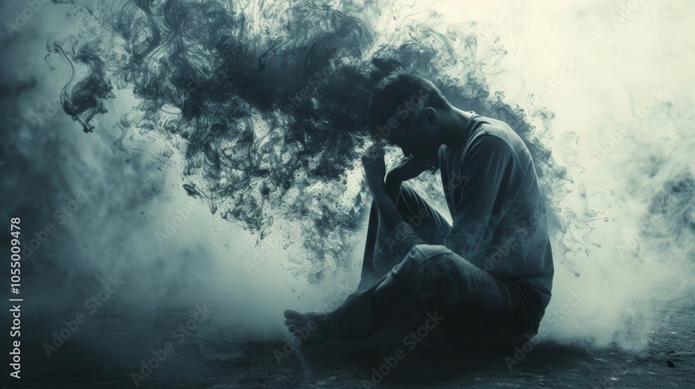 Obraz premium Man Sitting in Smoke Depression Anxiety Loneliness Despair Psychological Emotional Mental Health