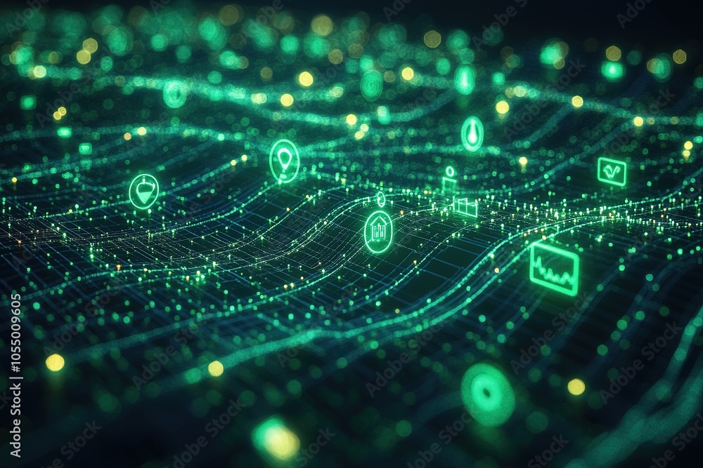 Abstract digital network with glowing icons, representing data flow, connectivity, and technology. Abstract digital network with glowing icons, representing data flow, connectivity, and technology.