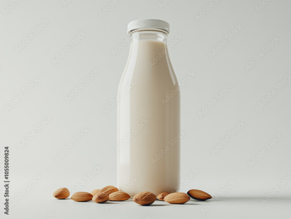 Almond milk bottle mockup with whole almonds on minimalist white background, ideal for advertising plant-based, vegan, dairy-free beverage products in clean, natural style Almond milk bottle mockup with whole almonds on minimalist white background, ideal for advertising plant-based, vegan, dairy-free beverage products in clean, natural style