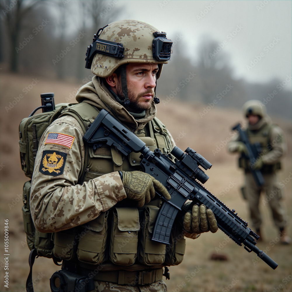 Fototapeta premium Żołnierze na służbie. Komandosi w akcji. Obrońcy ojczyzny trzymają wartę. Misja specjalna.
