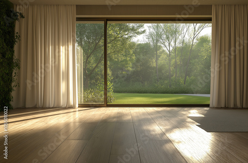 Empty room with a large window, white curtains, and a green park outside. Photorealistic rendering of an empty living space