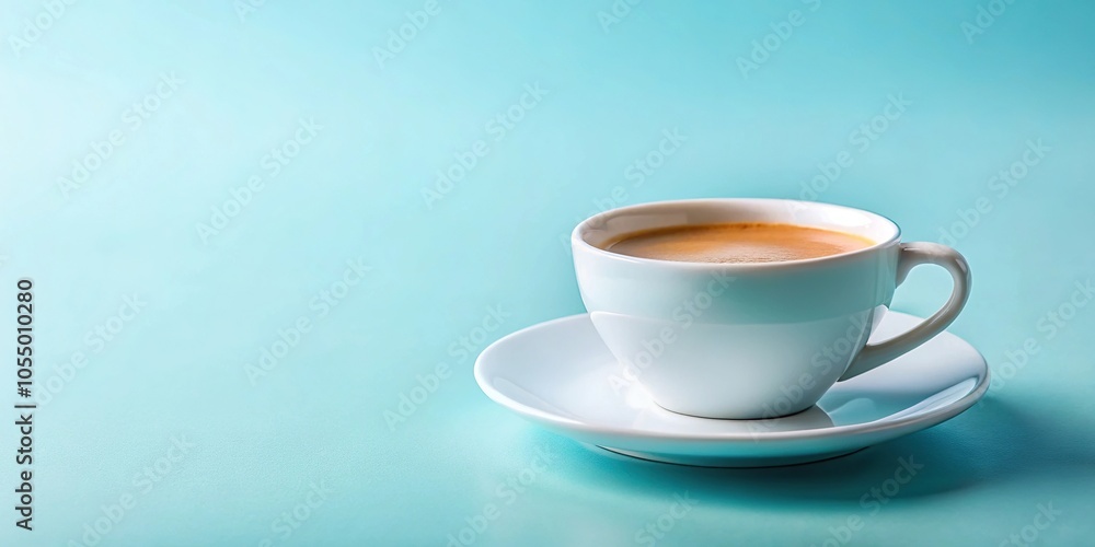 Fototapeta premium White cup of coffee on light blue background in macro view
