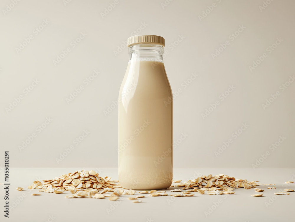Mockup of oat milk bottle with scattered oat flakes on neutral background, ideal for dairy-free, vegan, health, or plant-based beverage concept presentations Mockup of oat milk bottle with scattered oat flakes on neutral background, ideal for dairy-free, vegan, health, or plant-based beverage concept presentations