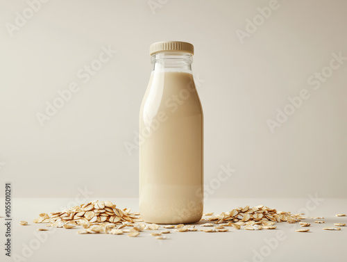 Mockup of oat milk bottle with scattered oat flakes on neutral background, ideal for dairy-free, vegan, health, or plant-based beverage concept presentations