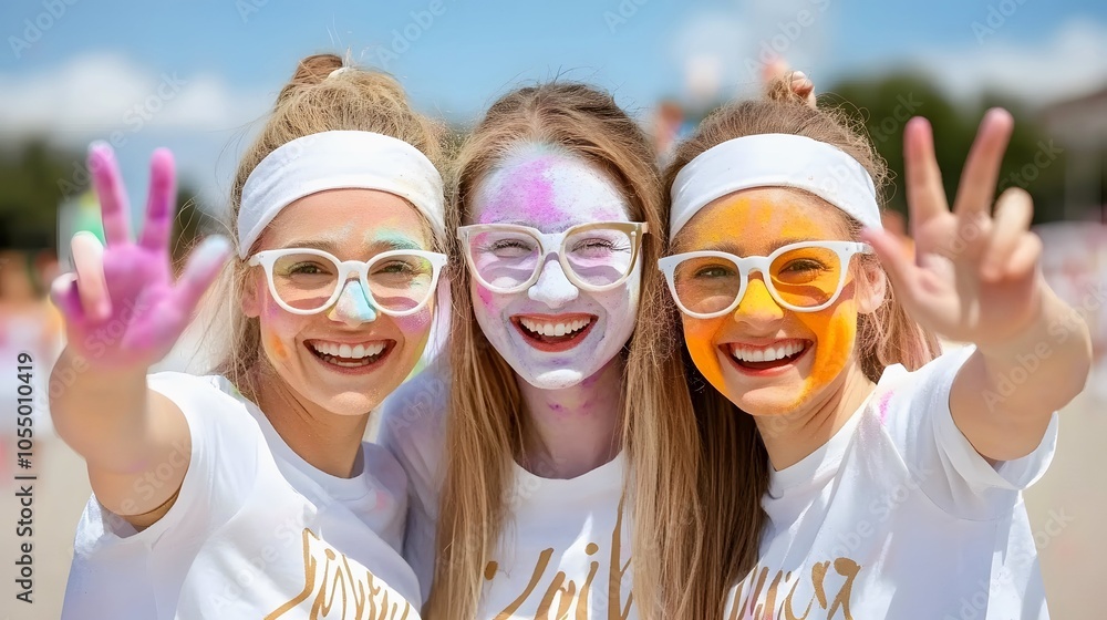 Three smiling friends with colorful face paint celebrate together, showcasing joy and camaraderie against a sunny backdrop. Three smiling friends with colorful face paint celebrate together, showcasing joy and camaraderie against a sunny backdrop.