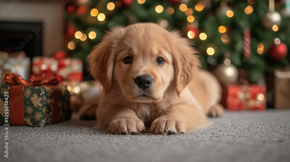 Golden Retriever Puppy with Christmas Presents and Lights Golden Retriever Puppy with Christmas Presents and Lights