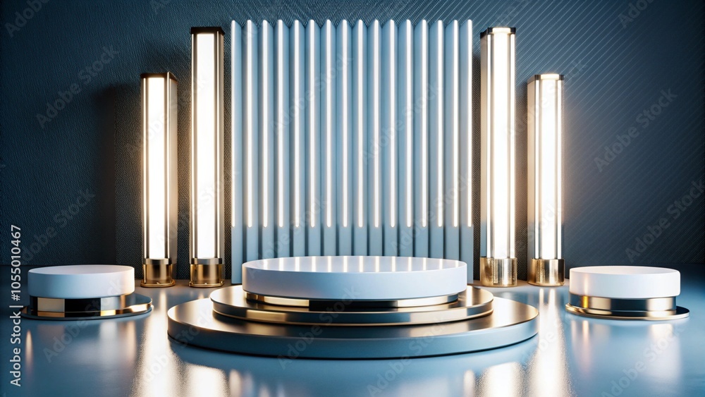 Minimalist podium with golden accents and glowing lights against a dark blue background. Minimalist podium with golden accents and glowing lights against a dark blue background.