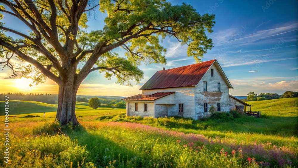 A weathered farmhouse nestled amidst rolling hills, with a majestic tree casting its shade over the sun-drenched meadow A weathered farmhouse nestled amidst rolling hills, with a majestic tree casting its shade over the sun-drenched meadow