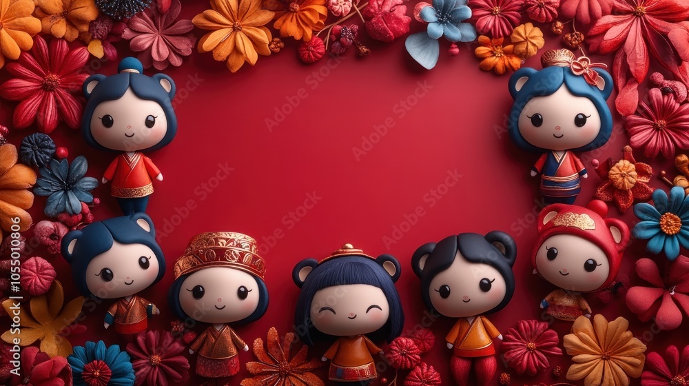 Fototapeta premium Seven Adorable Cartoon Figures Surrounded by Red and Orange Flowers