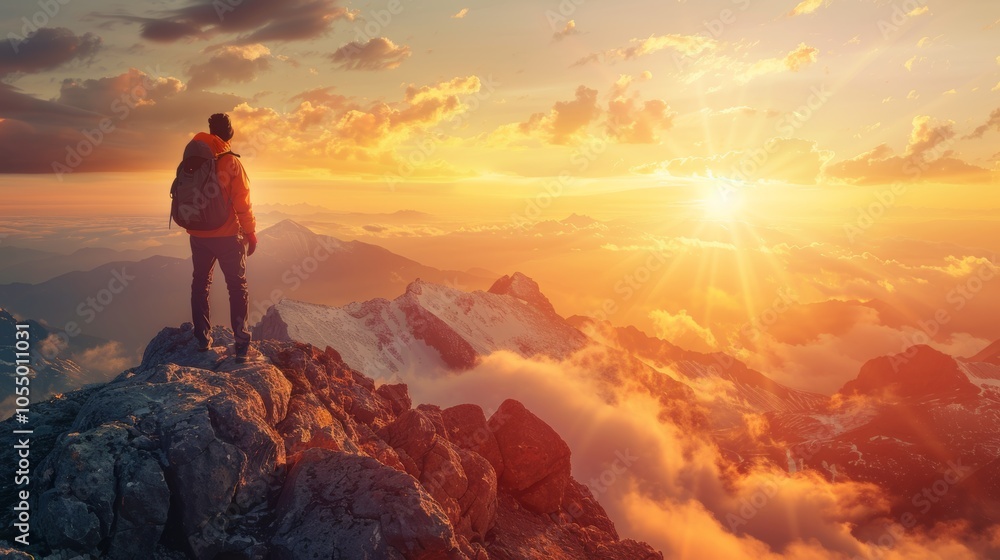Man Standing on Mountain Peak at Sunset with Dramatic Clouds and Golden Light Man Standing on Mountain Peak at Sunset with Dramatic Clouds and Golden Light